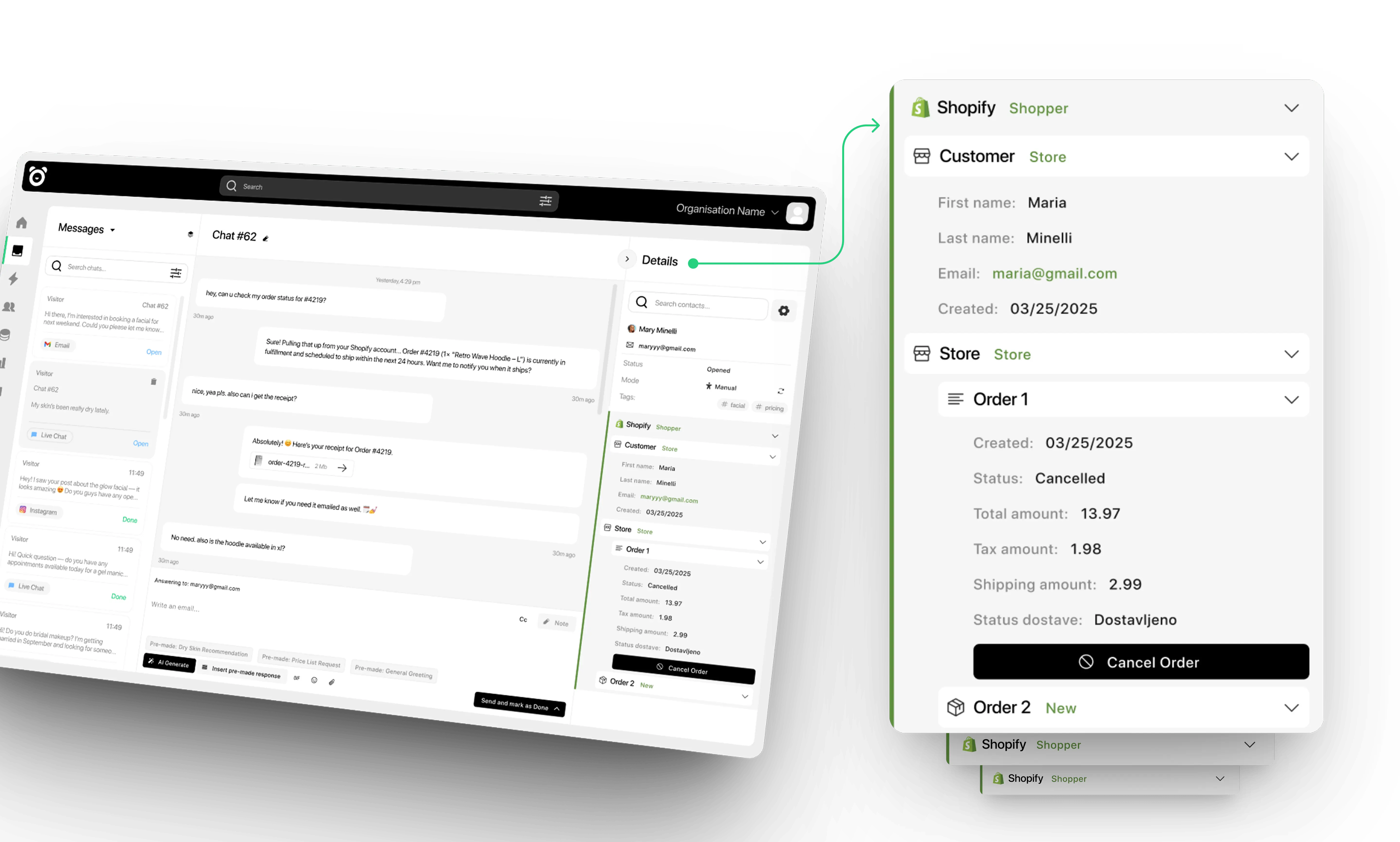 Dashboard showing customer details and order history